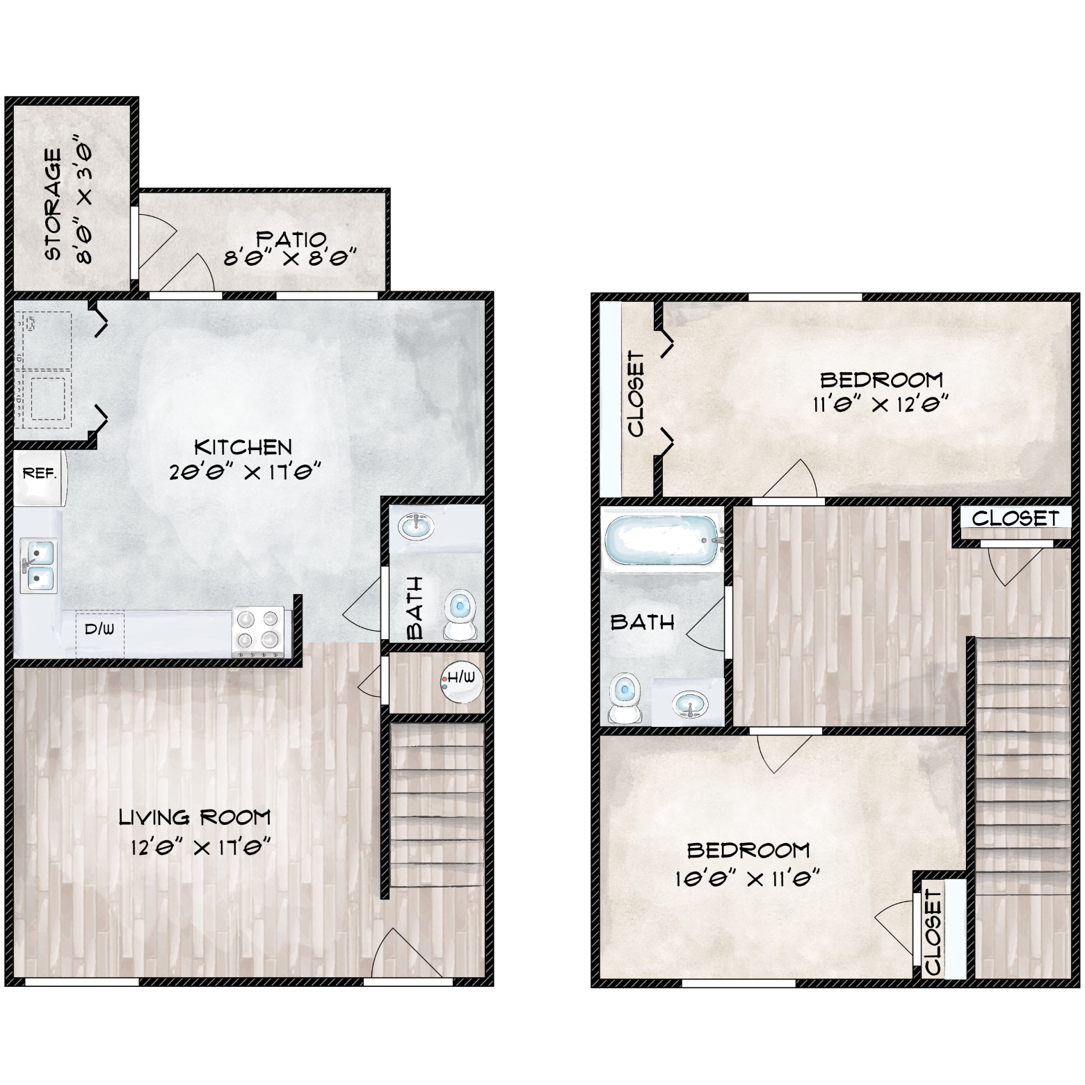 Floor plan for 2 beds, 1.5 baths, 1075 sqft